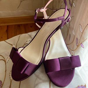 Plum Satin Kitten Heel Mary Jane's with bow. Size 6 M